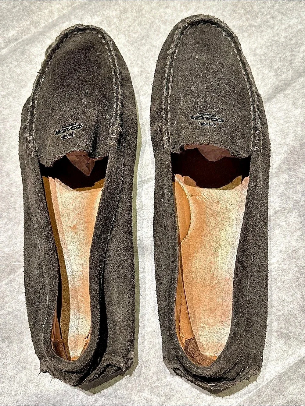 Coach Amber Suede Driving Moccasins Piombo Gray Loafers Sz 8B Quiet Luxury